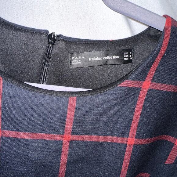 ZARA TRAFALUC Mini Dress Plaid Ruffle Shift Navy Blue Red Womens LG Long Sleeve - Picture 3 of 9